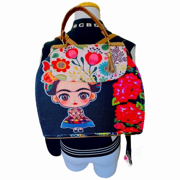 Artisan Made Frida Kahlo Canvas Faux Leather Tote Backpack From Coyoacan Mexico - Picture 2 of 9